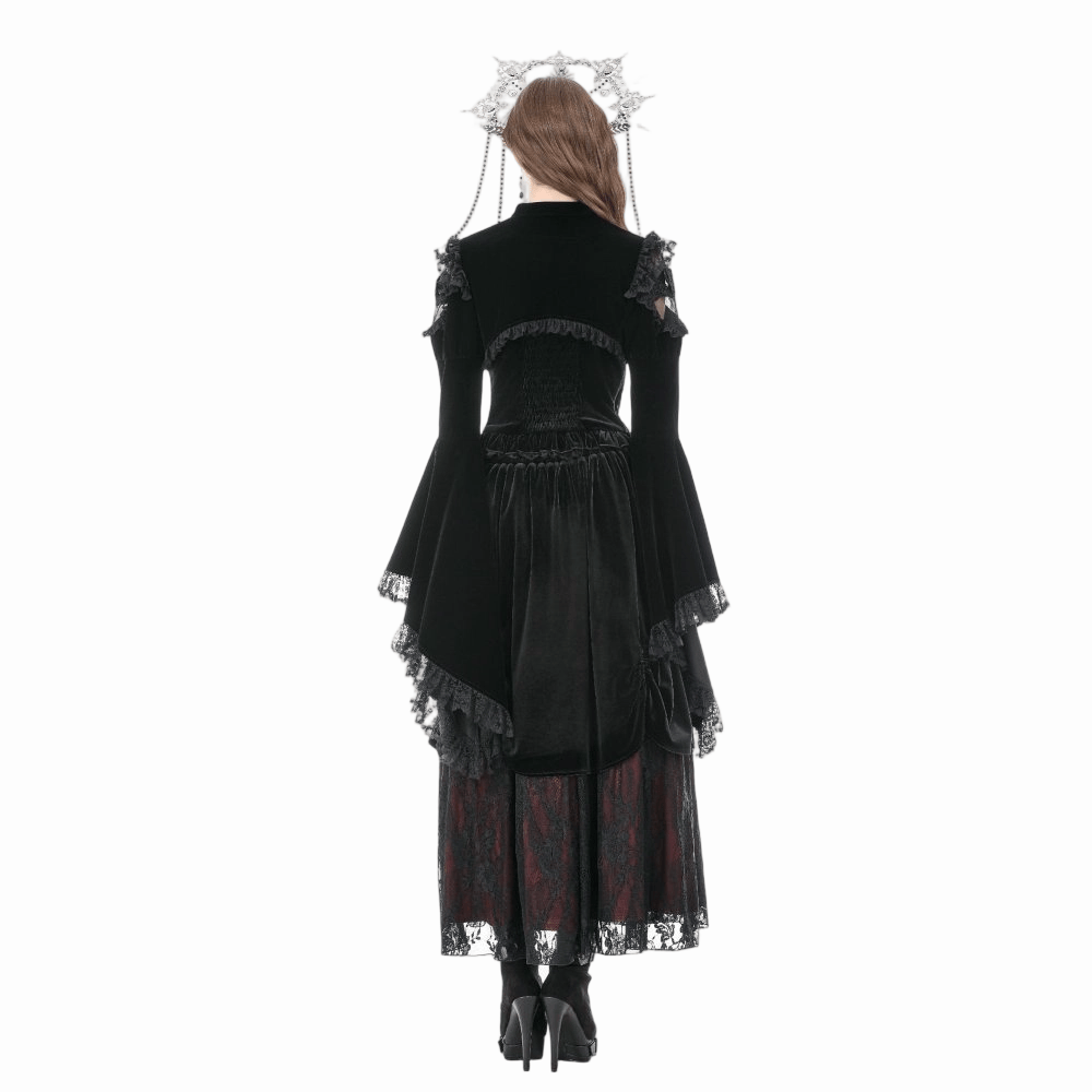 Mantella da donna Darkinlove in velluto con inserti in rete e volant a fantasia floreale gotica.