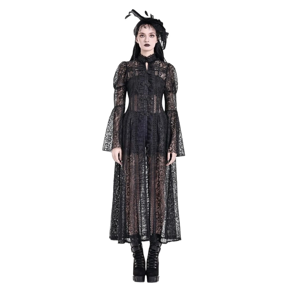 Darkinlove Women's Gothic Floral Sheer Lace Puff Bell Sleeve Long Duster Coat