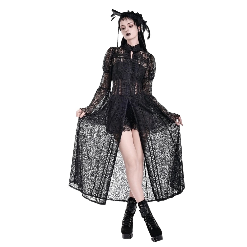 Darkinlove Women's Gothic Floral Sheer Lace Puff Bell Sleeve Long Duster Coat
