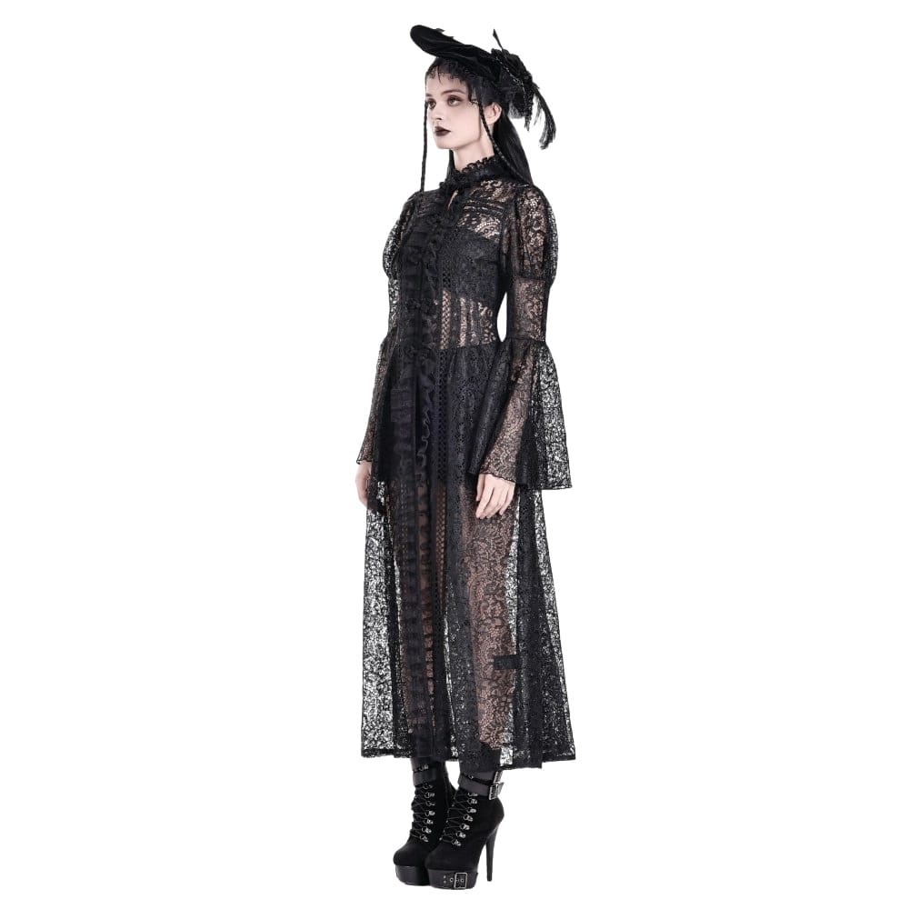 Darkinlove Women's Gothic Floral Sheer Lace Puff Bell Sleeve Long Duster Coat