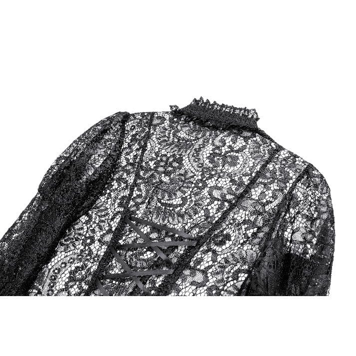 Darkinlove Women's Gothic Floral Sheer Lace Puff Bell Sleeve Long Duster Coat