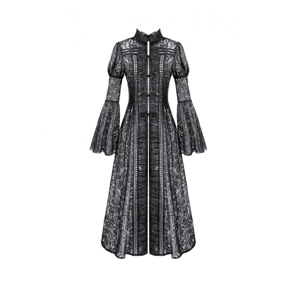 Darkinlove Women's Gothic Floral Sheer Lace Puff Bell Sleeve Long Duster Coat