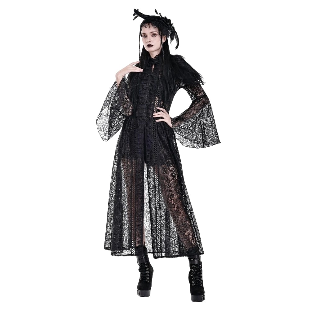 Darkinlove Women's Gothic Floral Sheer Lace Puff Bell Sleeve Long Duster Coat