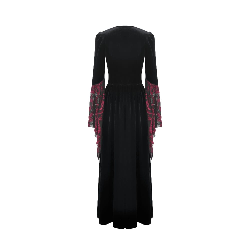 Darkinlove Women's Gothic Floral Square-cut Collar Flare Sleeve Dress