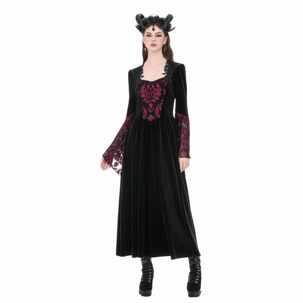 Darkinlove Women's Gothic Floral Square-cut Collar Flare Sleeve Dress