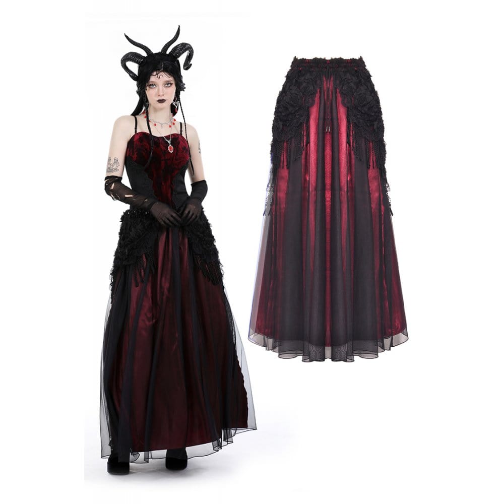 Darkinlove Women's Gothic Floral Tassel Mesh Splice Skirt