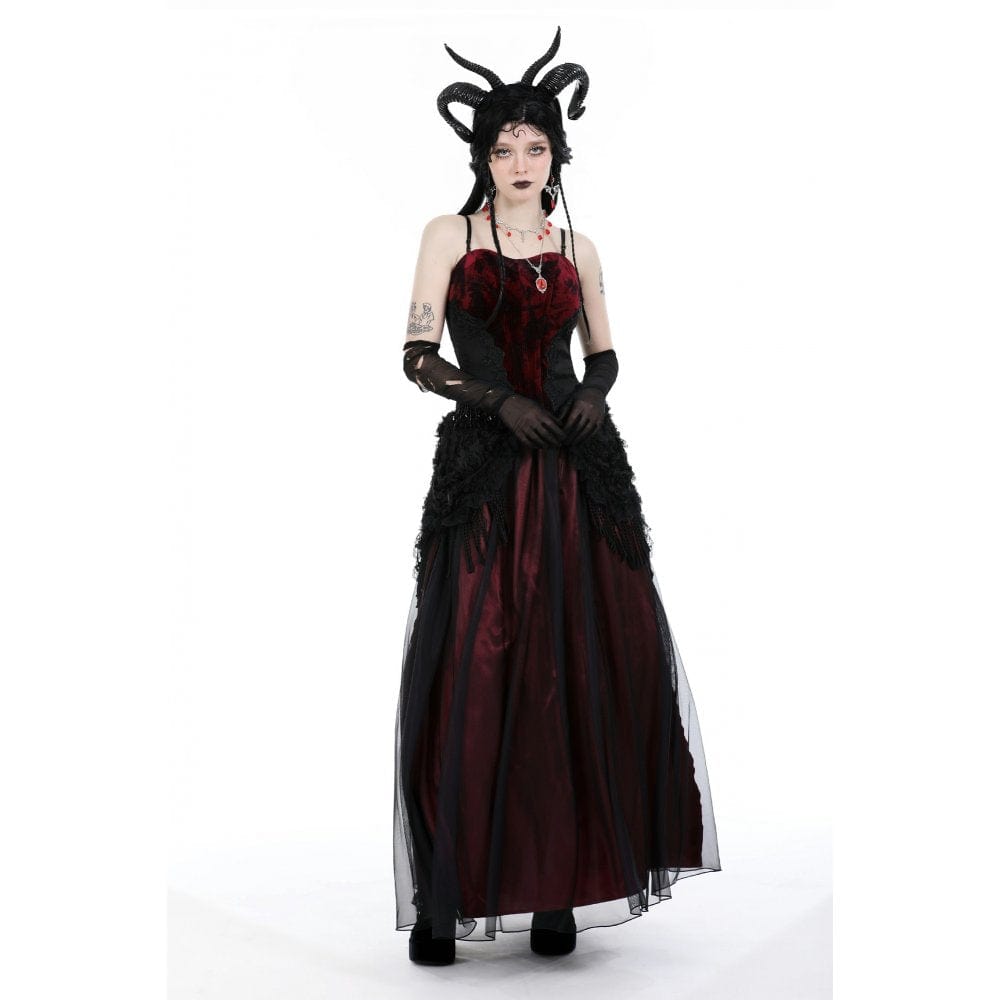 Darkinlove Women's Gothic Floral Tassel Mesh Splice Skirt