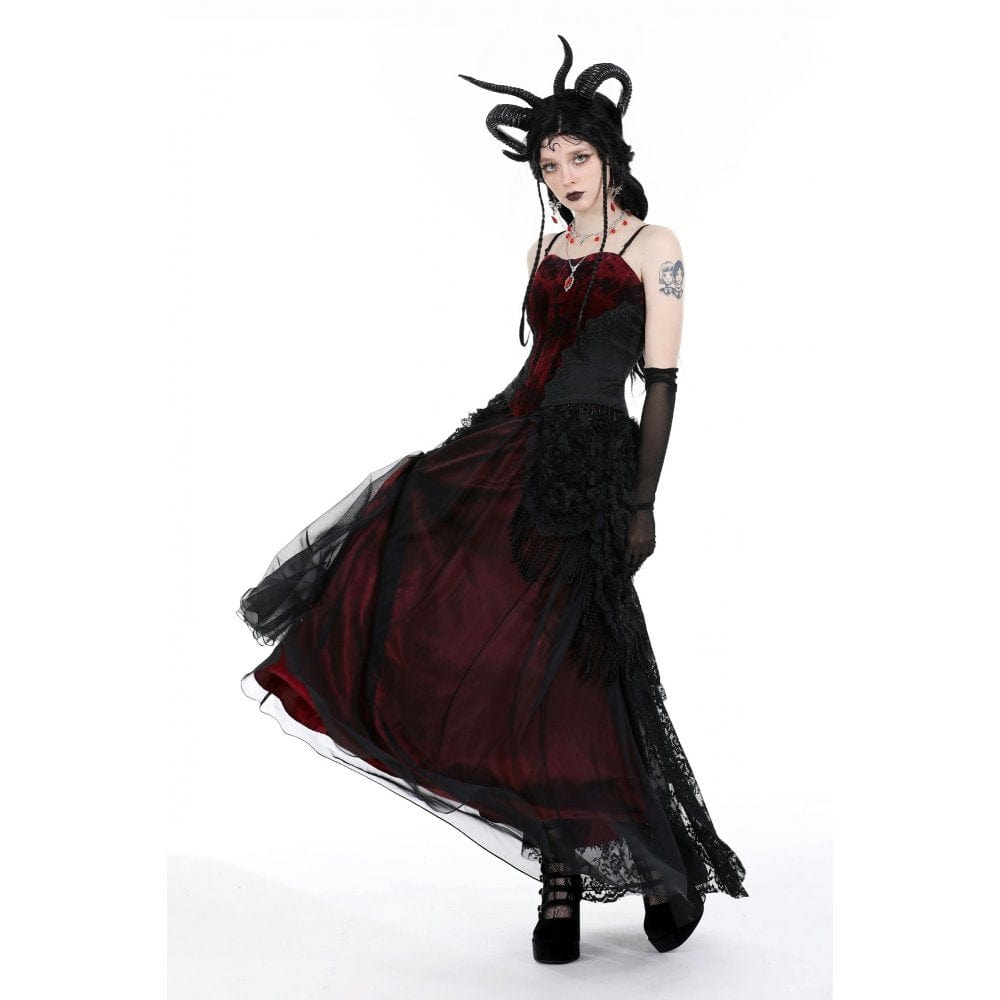 Darkinlove Women's Gothic Floral Tassel Mesh Splice Skirt