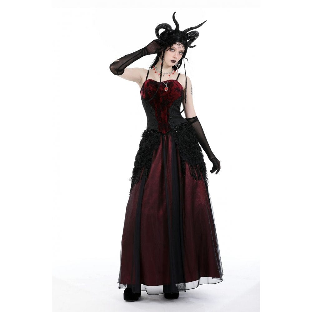 Darkinlove Women's Gothic Floral Tassel Mesh Splice Skirt