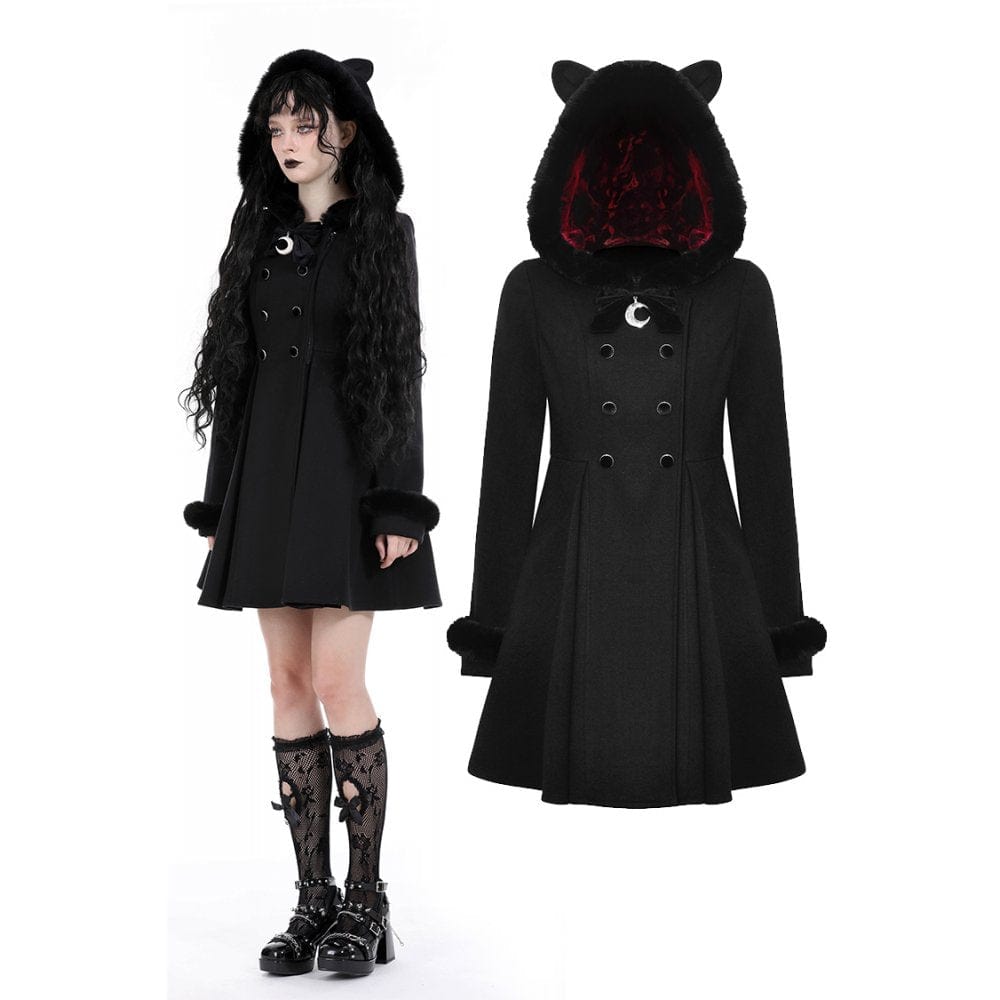 Darkinlove Women's Gothic Fluffy Splice Woolen Coat with Cat Ear Hood