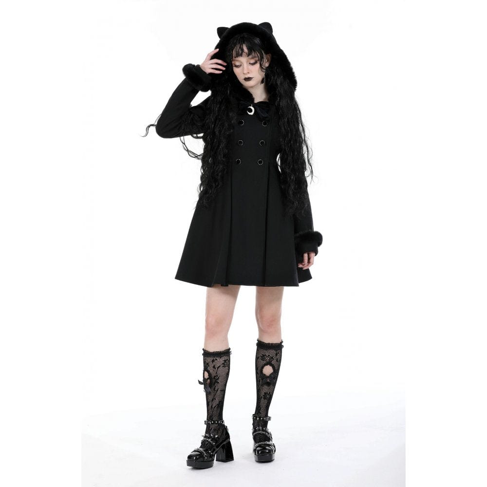 Darkinlove Women's Gothic Fluffy Splice Woolen Coat with Cat Ear Hood