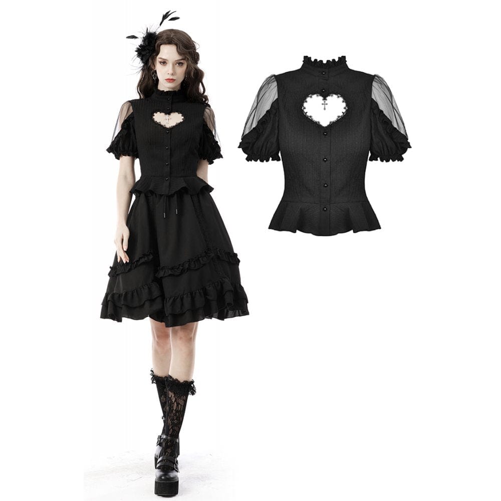 Darkinlove Women's Gothic Heart-shaped Cutout Short Puff Sleeved Shirt