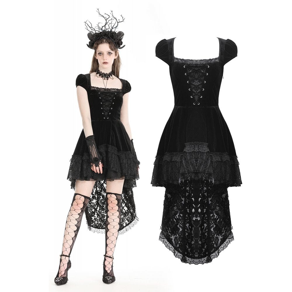 Darkinlove Women's Gothic High/Low Lace Splice Velvet Formal Dress