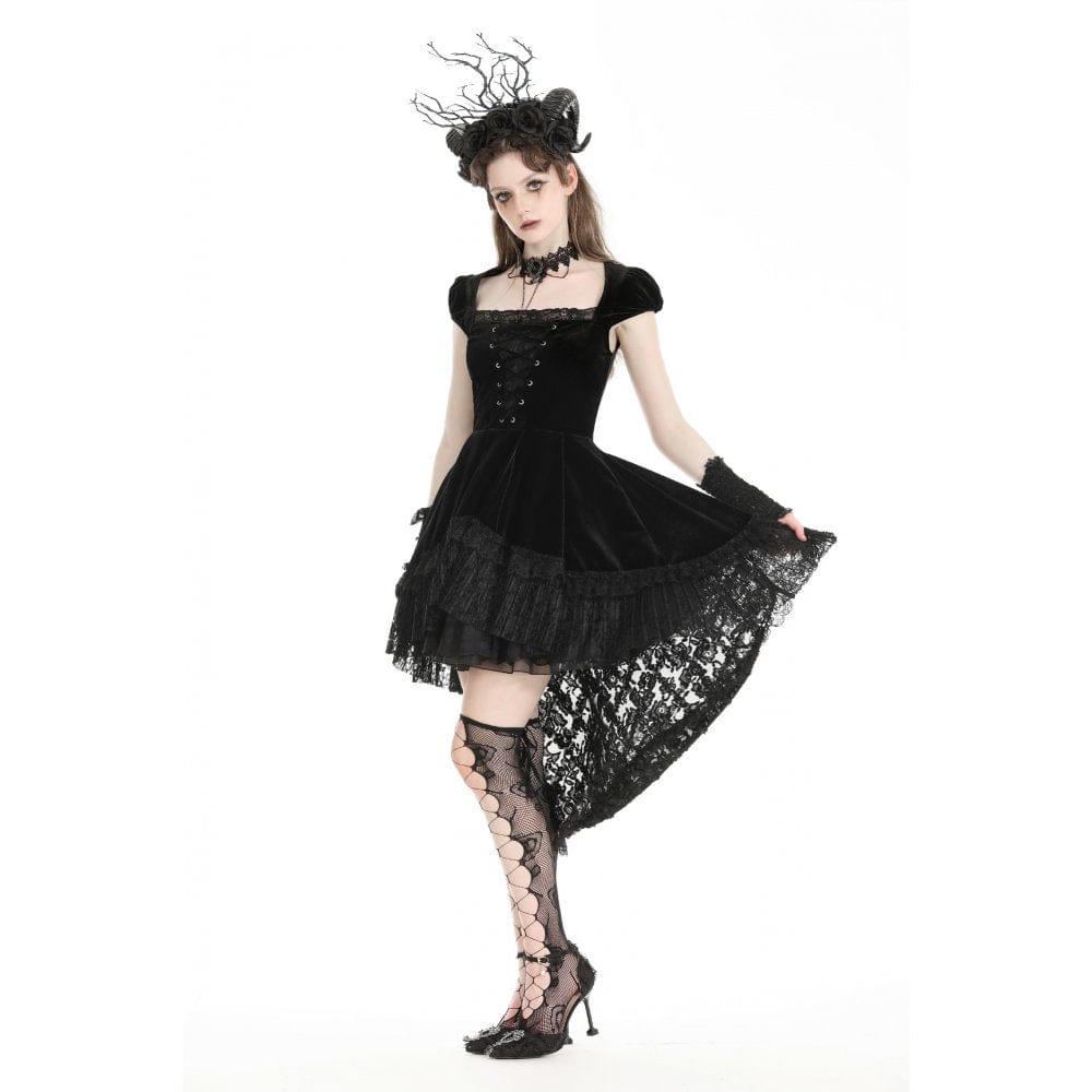 Darkinlove Women's Gothic High/Low Lace Splice Velvet Formal Dress