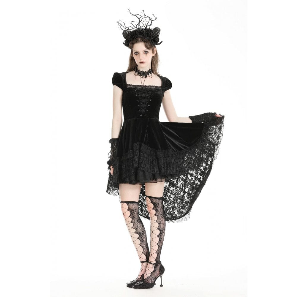 Darkinlove Women's Gothic High/Low Lace Splice Velvet Formal Dress