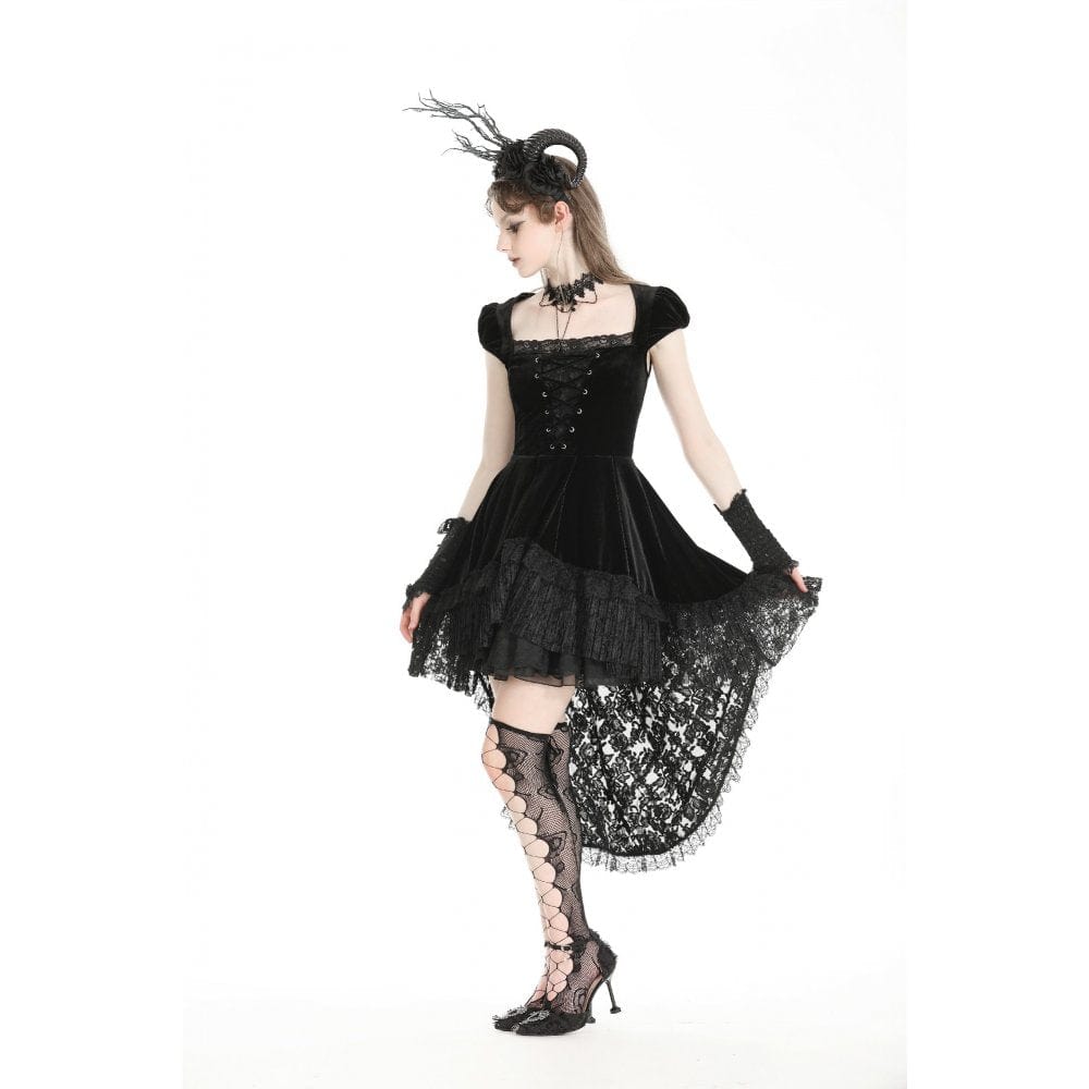 Darkinlove Women's Gothic High/Low Lace Splice Velvet Formal Dress