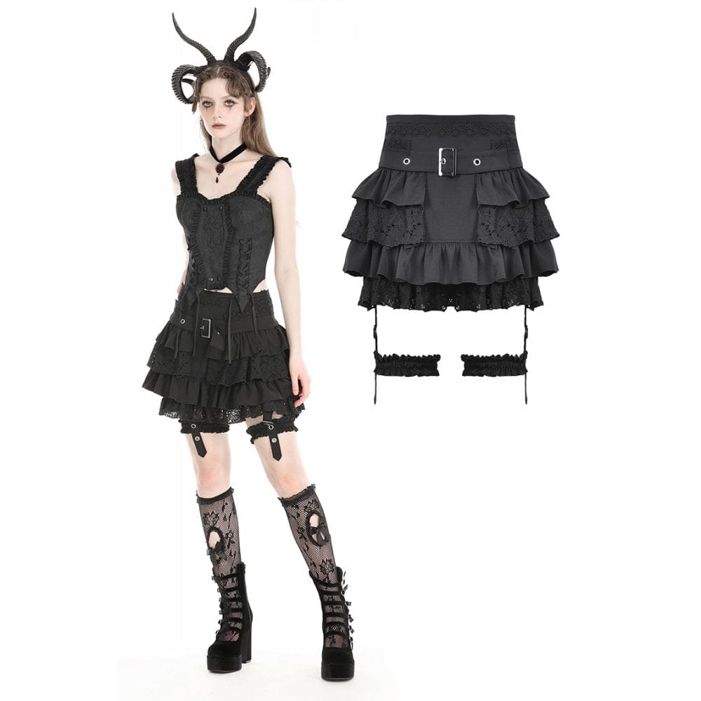 Darkinlove Women's Gothic High-waisted Lace Splice Skirt with Garter