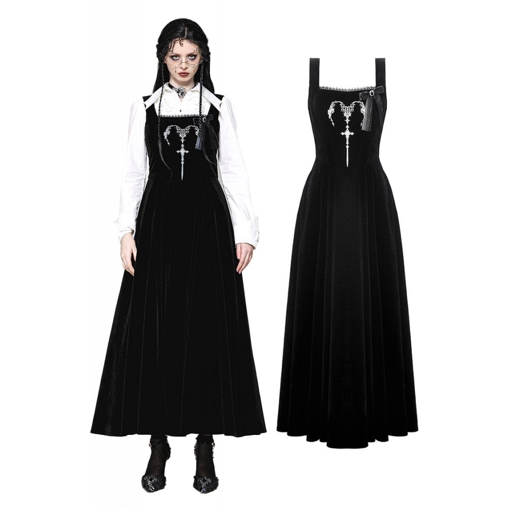 Darkinlove Women's Gothic Horned Embroidered Lace-up Velvet Slip Dress