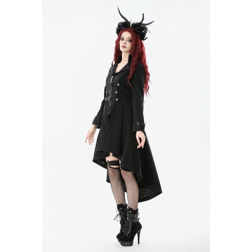 Darkinlove Women's Gothic Irregular Bouble-breasted Buckle-up Strap Coat