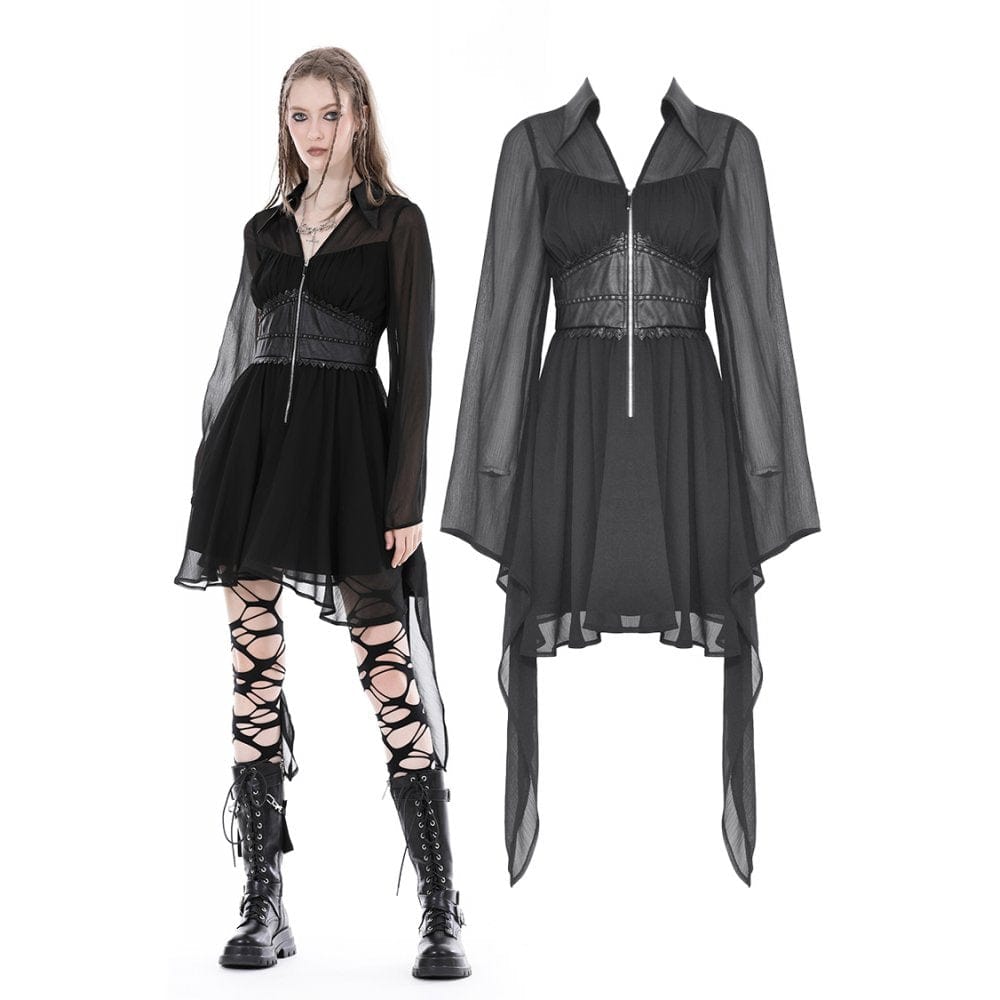 Darkinlove Women's Gothic Irregular Plunging Flared Sleeved Dress