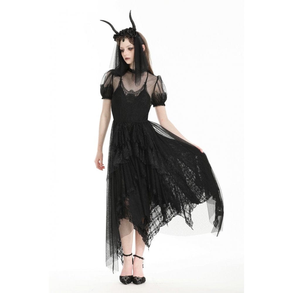 Darkinlove Women's Gothic Irregular ruffled Sheer Mesh Evening Dress