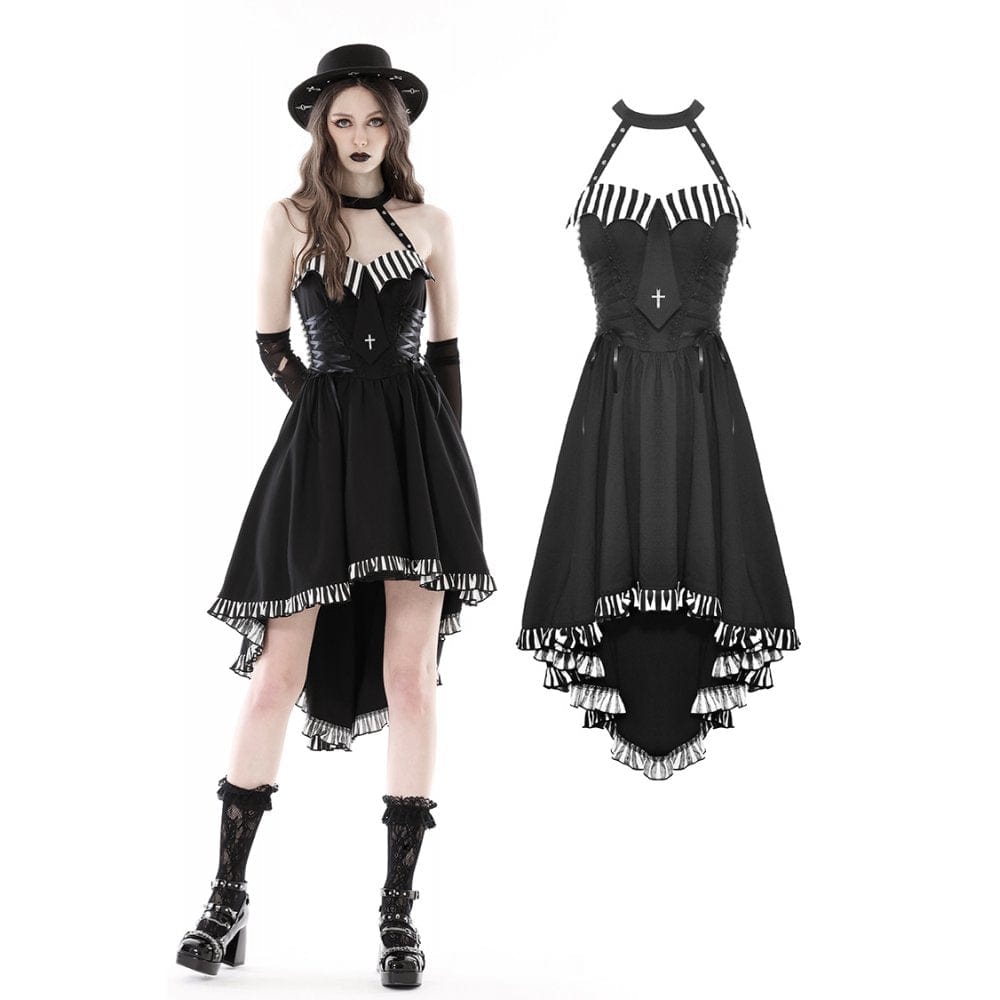Darkinlove Women's Gothic Irregular Striped Splice Halterneck Dress