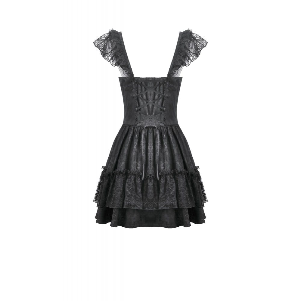 Darkinlove Women's Gothic Jacquard Bowknot Lace Ruffled Dress