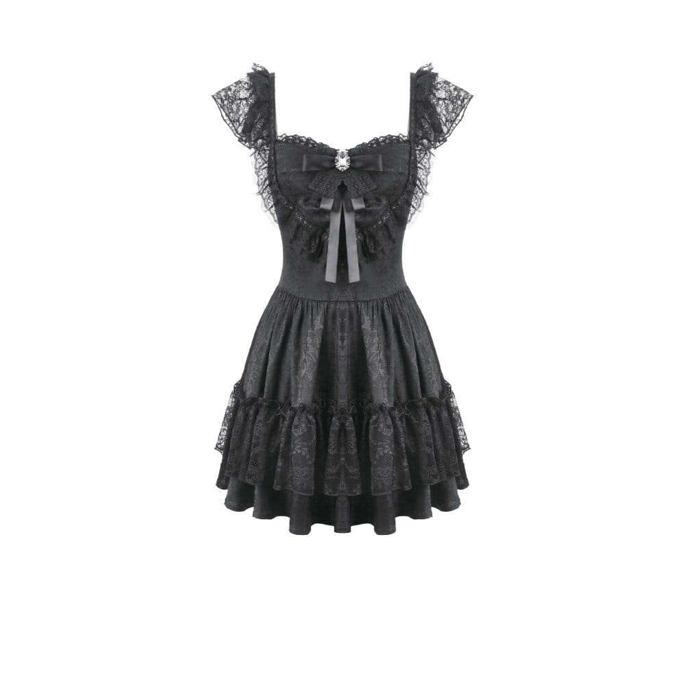 Darkinlove Women's Gothic Jacquard Bowknot Lace Ruffled Dress