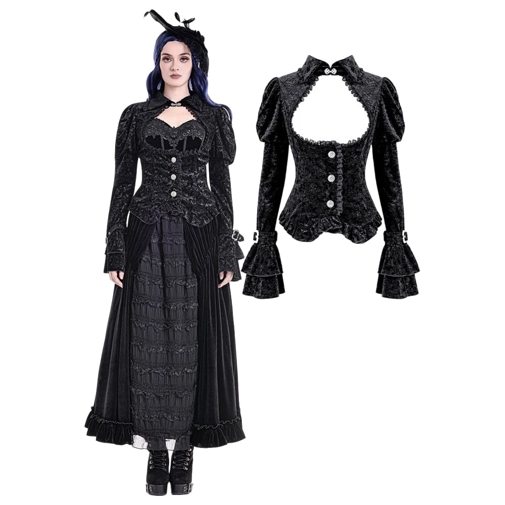 Darkinlove Women's Gothic Jacquard Cutout Buckle Strap Bell Sleeve Top