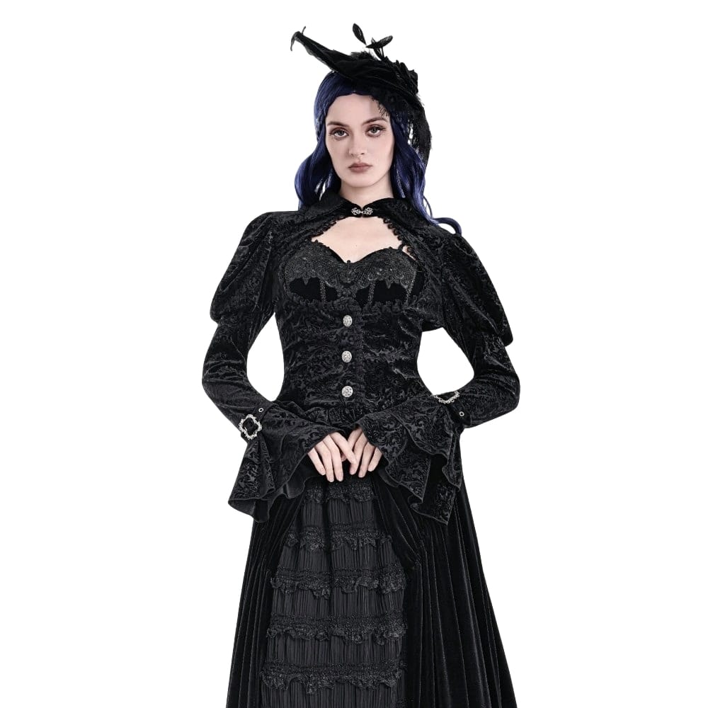 Darkinlove Women's Gothic Jacquard Cutout Buckle Strap Bell Sleeve Top