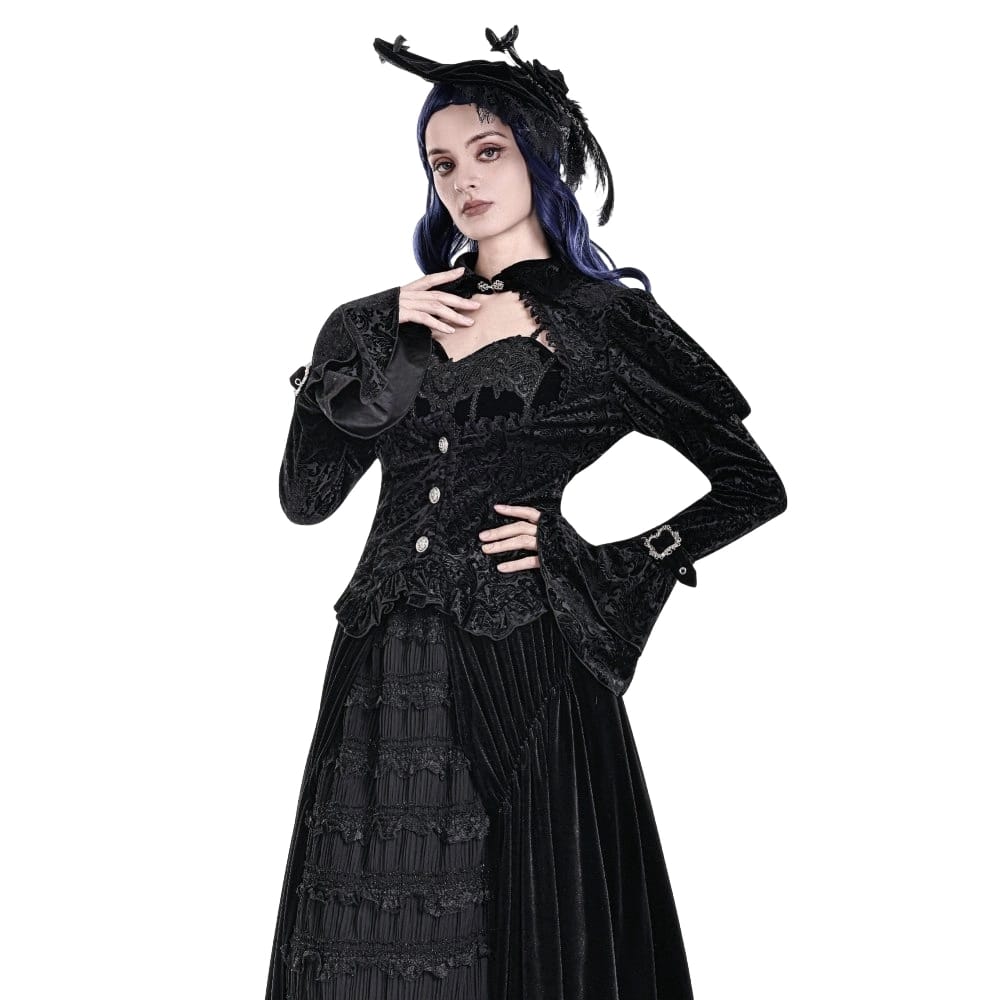 Darkinlove Women's Gothic Jacquard Cutout Buckle Strap Bell Sleeve Top