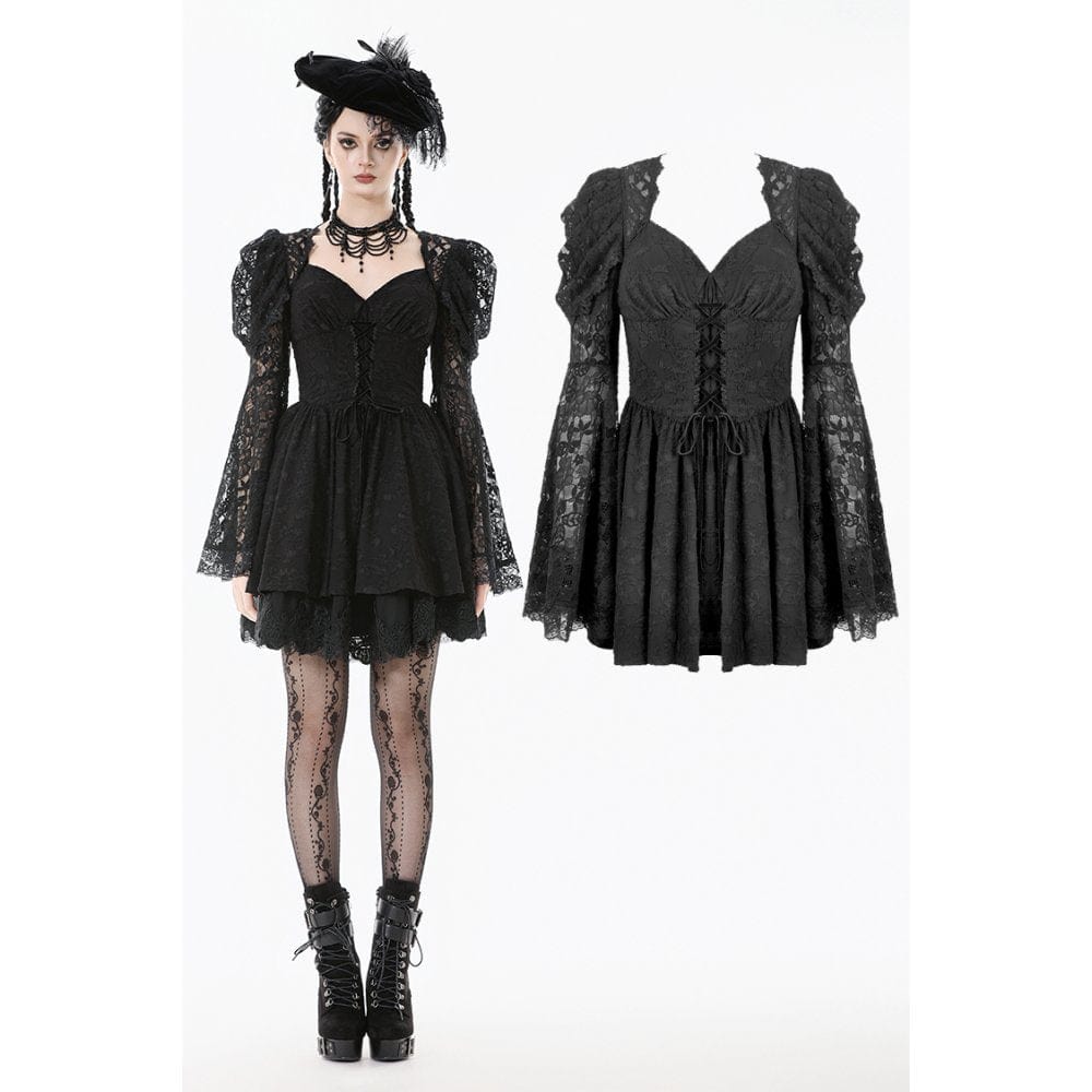 Darkinlove Women's Gothic Jacquard Floral Lace Sleeved Dress
