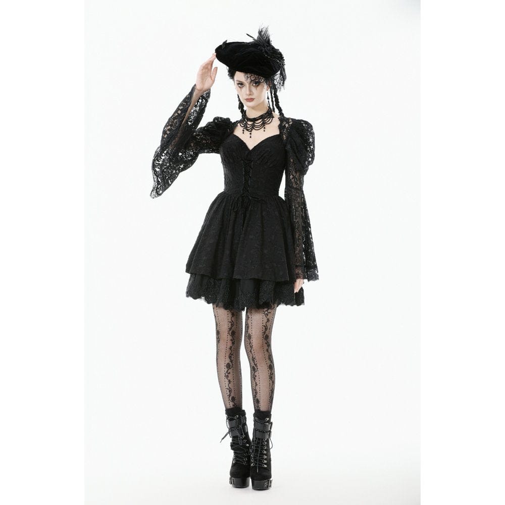 Darkinlove Women's Gothic Jacquard Floral Lace Sleeved Dress