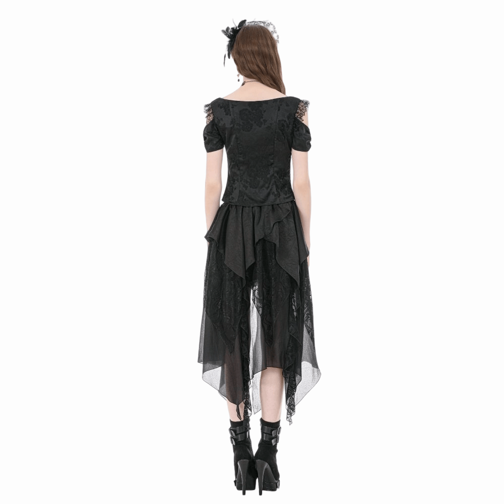 Darkinlove Women's Gothic Jacquard Rose Cutout Short Sleeve Shirt