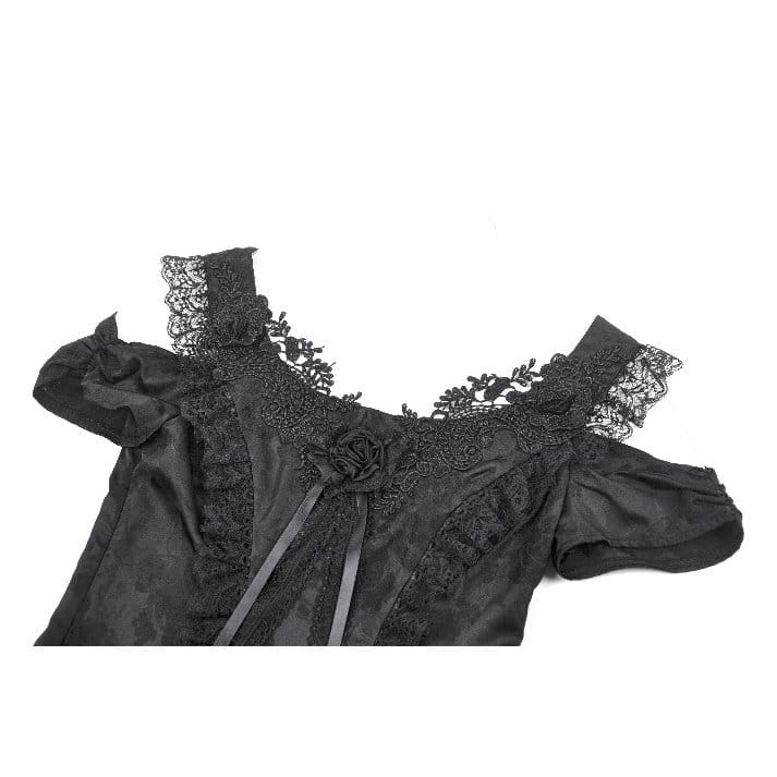 Darkinlove Women's Gothic Jacquard Rose Cutout Short Sleeve Shirt