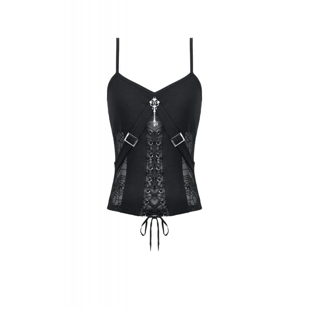 Canotta da donna Darkinlove con motivo a ragnatela e chiave gotica.