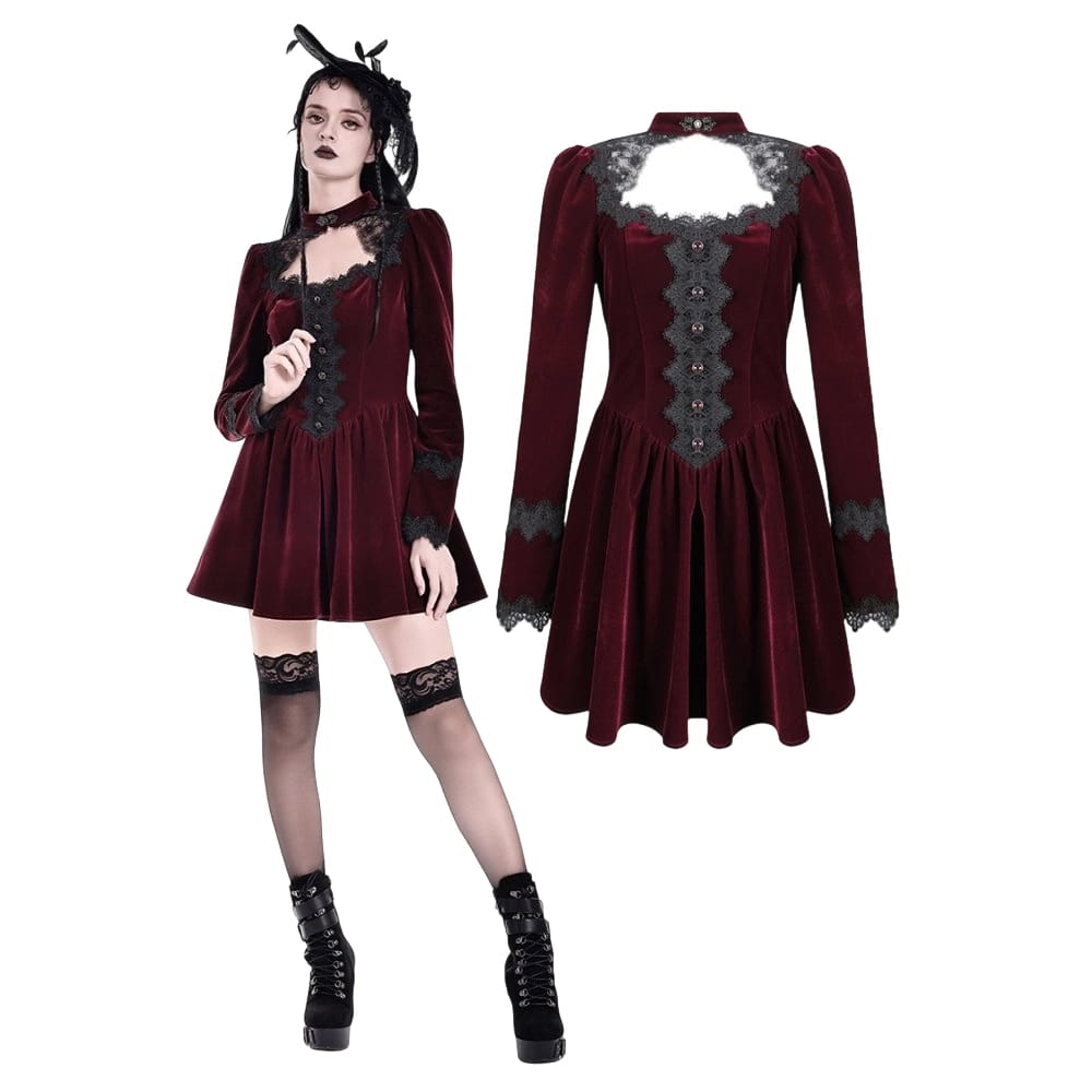 Darkinlove Women's Gothic Lace Applique Cutout Velvet Short Dress