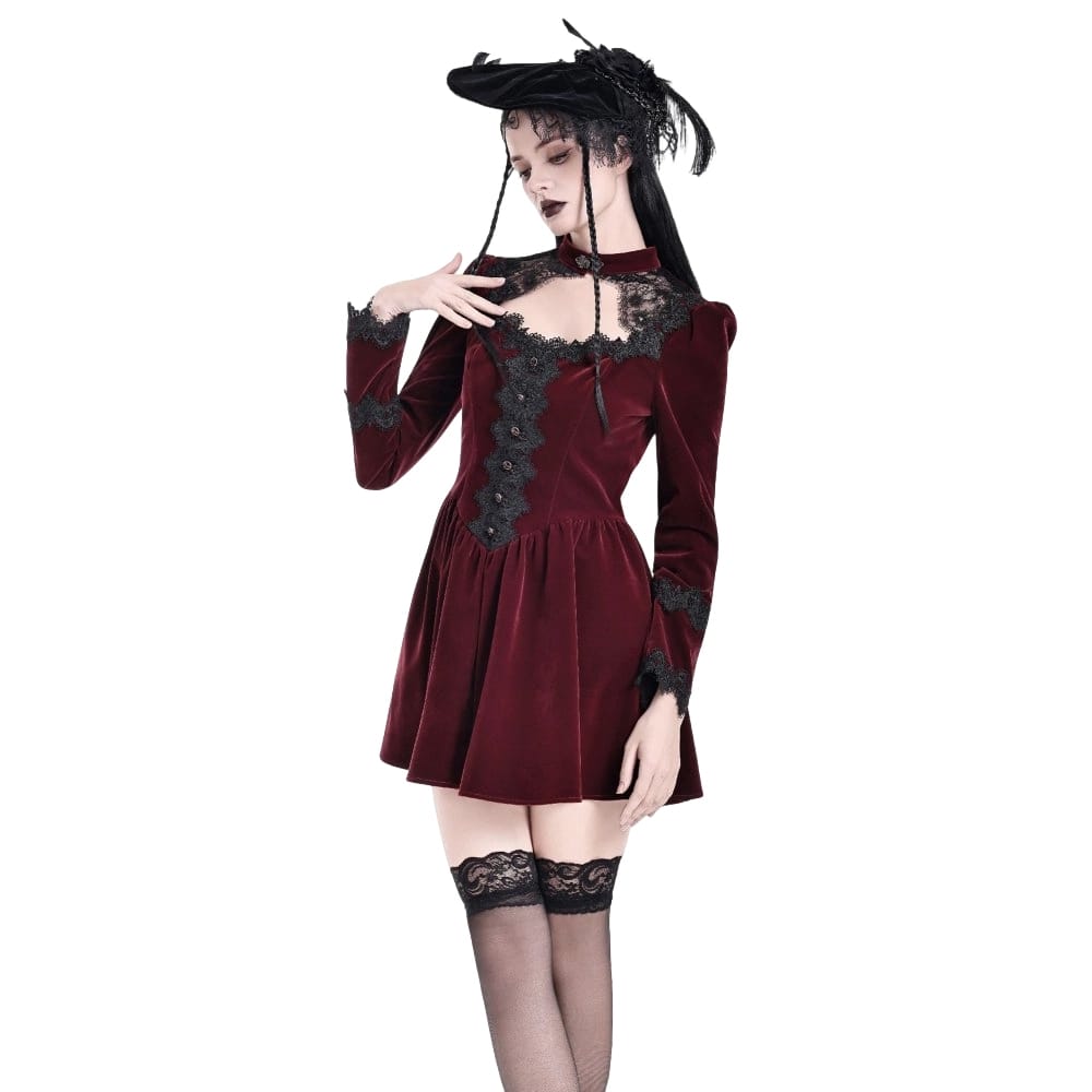 Darkinlove Women's Gothic Lace Applique Cutout Velvet Short Dress