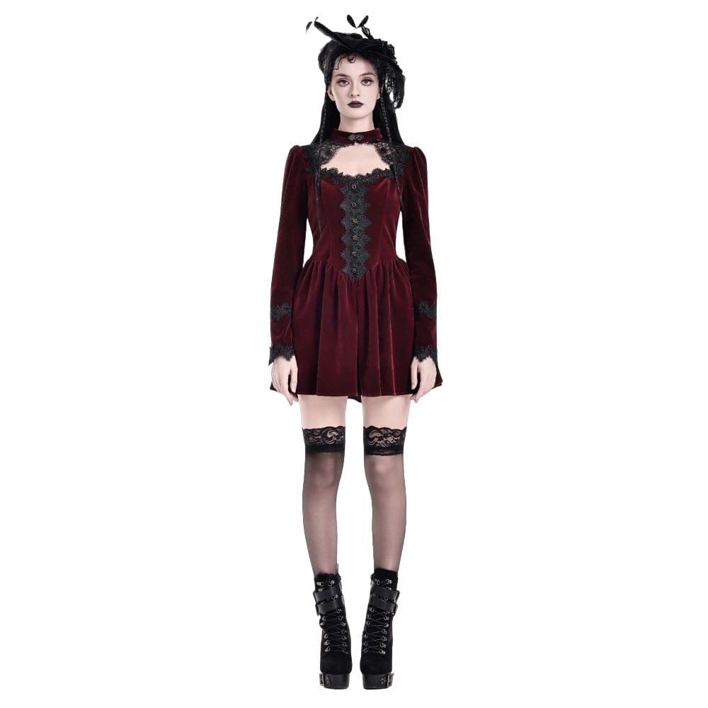 Darkinlove Women's Gothic Lace Applique Cutout Velvet Short Dress