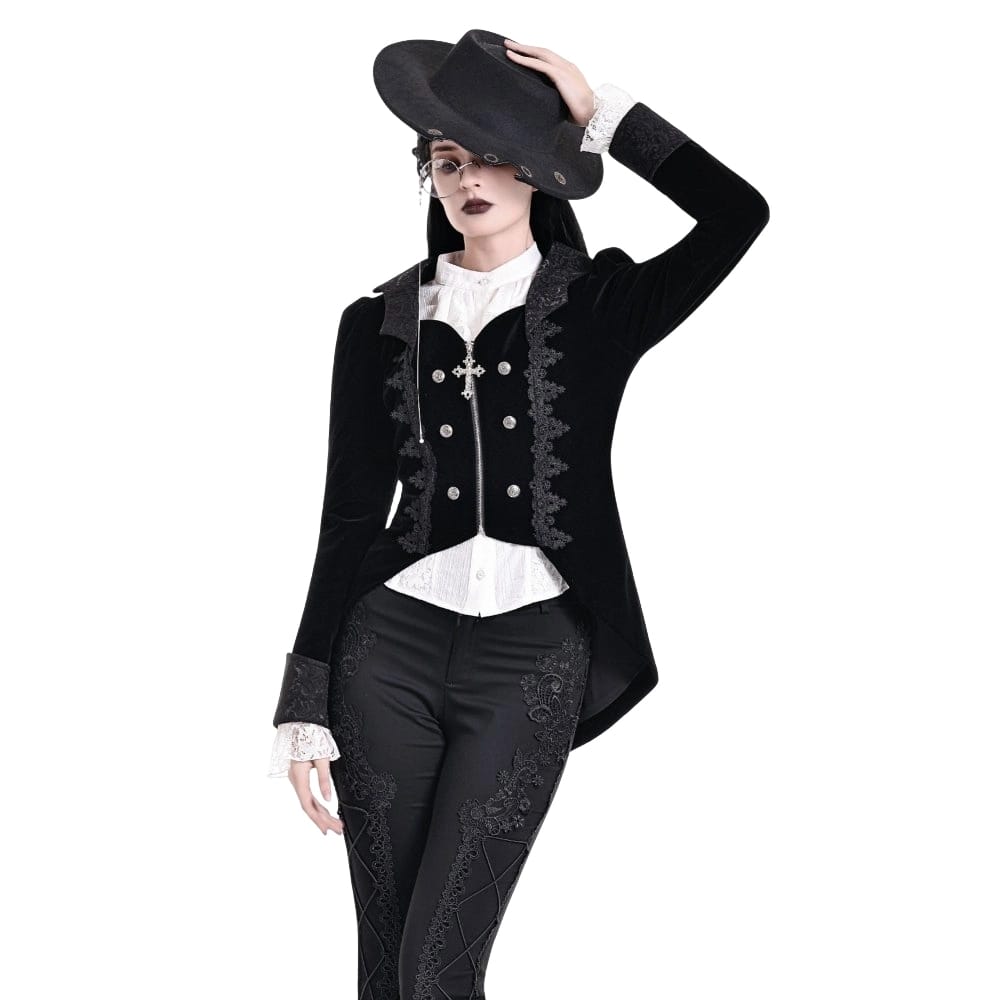 Darkinlove Women's Gothic Lace Applique Lapel Zipper Tailcoat Jacket