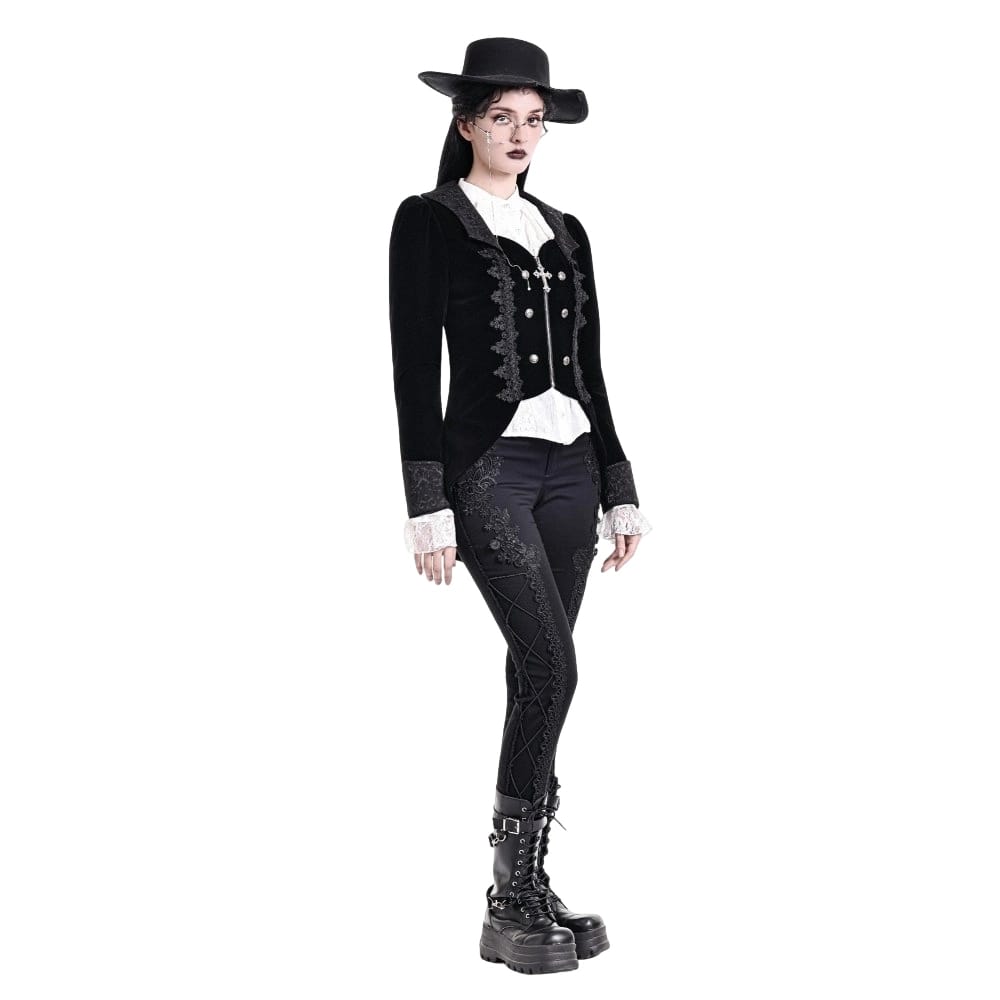 Darkinlove Women's Gothic Lace Applique Lapel Zipper Tailcoat Jacket