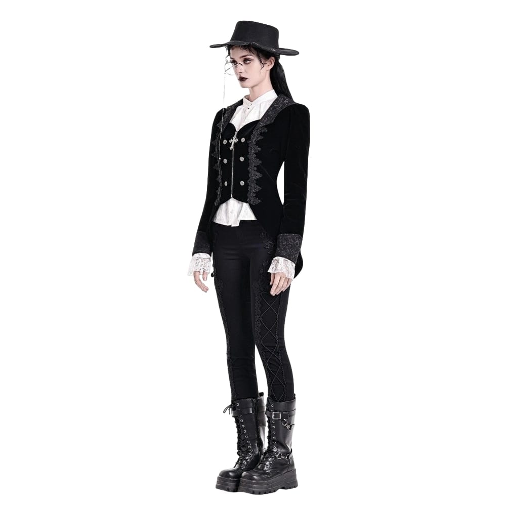 Darkinlove Women's Gothic Lace Applique Lapel Zipper Tailcoat Jacket