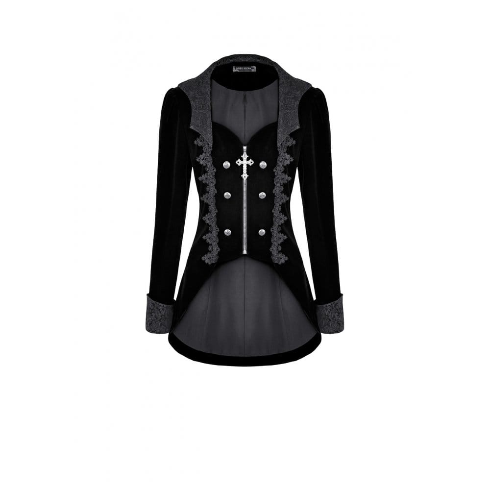 Darkinlove Women's Gothic Lace Applique Lapel Zipper Tailcoat Jacket