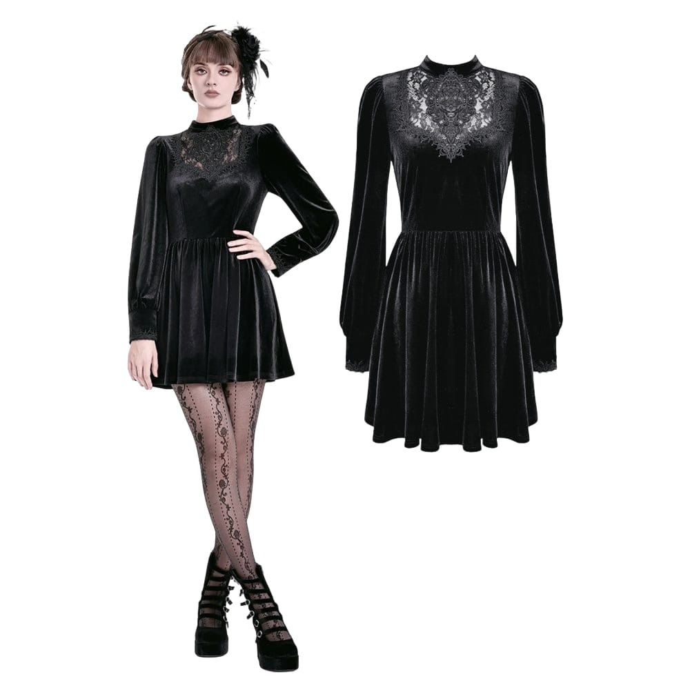 Darkinlove Women's Gothic Lace Applique Mock Neck Bishop Sleeve Velvet Short Dress