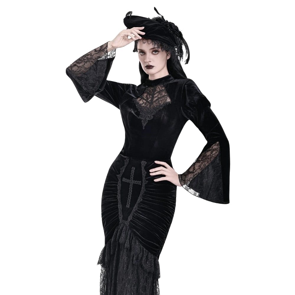 Darkinlove Women's Gothic Lace Applique Mock Neck Flare Sleeve Velvet Top