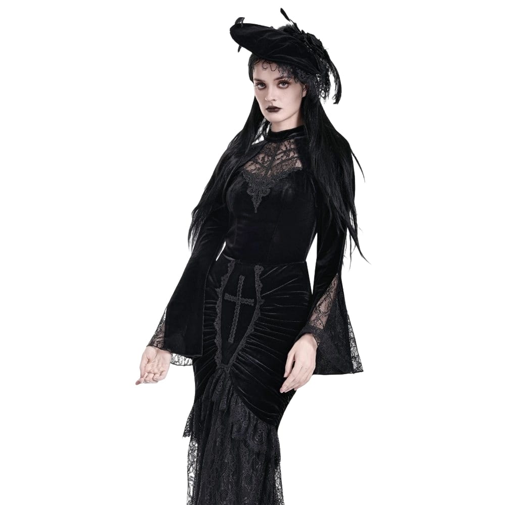 Darkinlove Women's Gothic Lace Applique Mock Neck Flare Sleeve Velvet Top