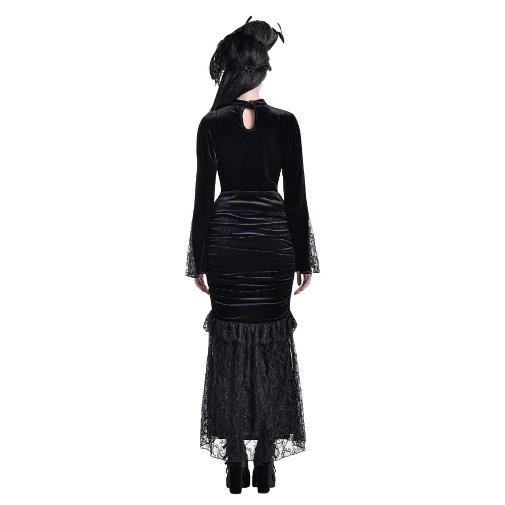 Darkinlove Women's Gothic Lace Applique Mock Neck Flare Sleeve Velvet Top