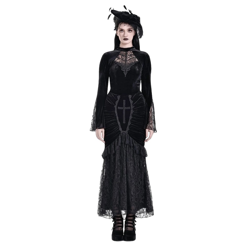 Darkinlove Women's Gothic Lace Applique Mock Neck Flare Sleeve Velvet Top