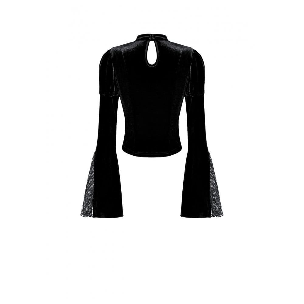 Darkinlove Women's Gothic Lace Applique Mock Neck Flare Sleeve Velvet Top