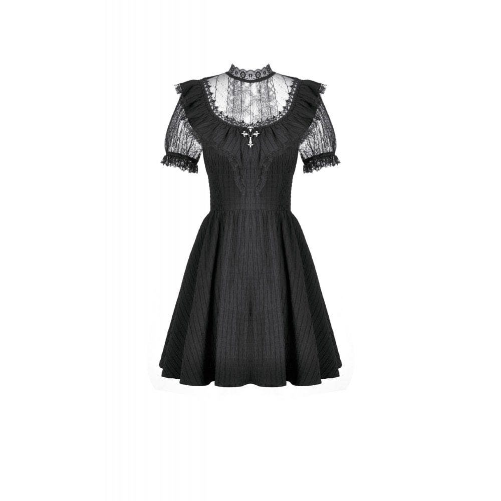 Darkinlove Women's Gothic Lace Cross Ruffled Short Sleeved Dress